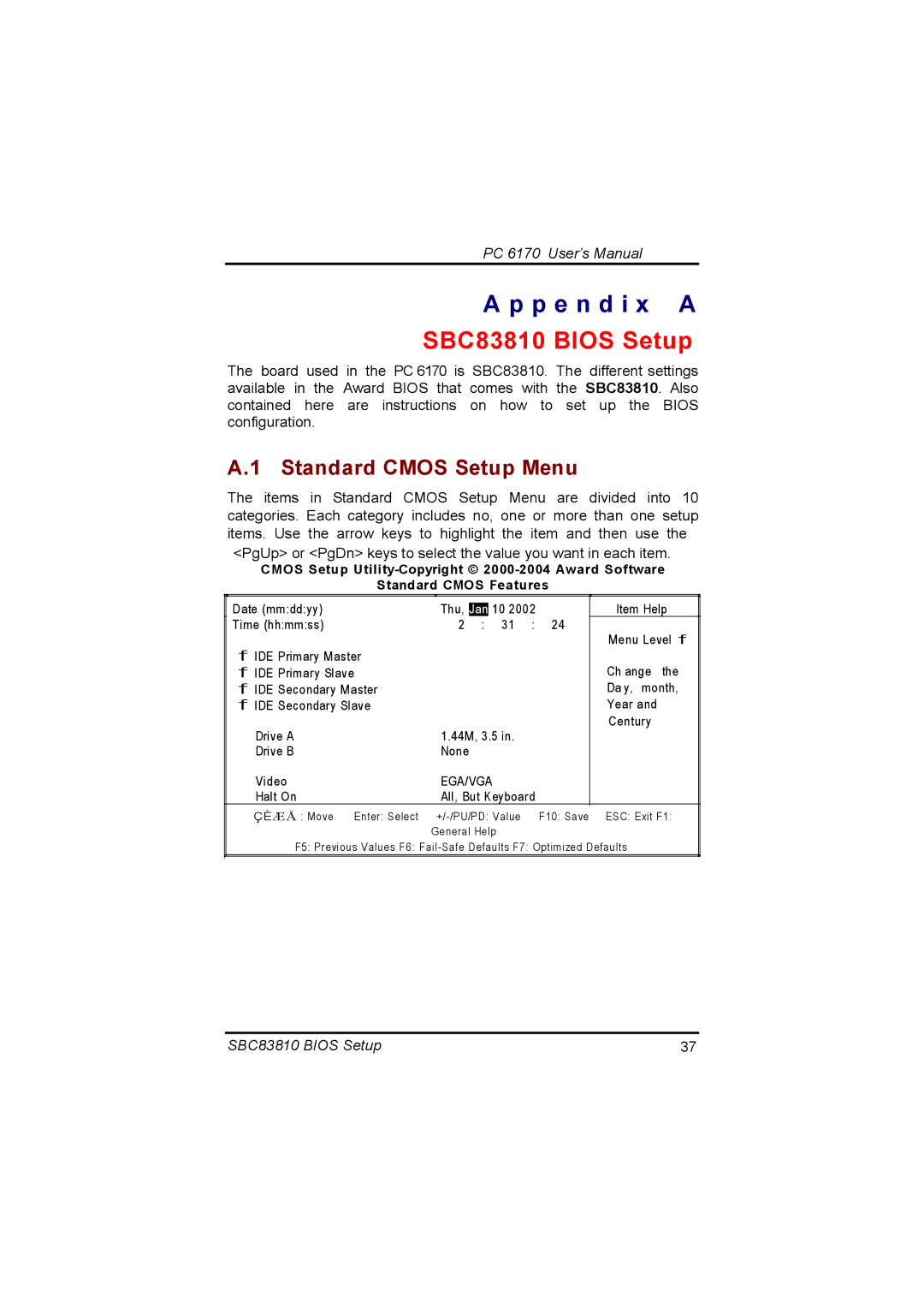 Acnodes PC 6170 manual SBC83810 Bios Setup, Standard Cmos Setup Menu 