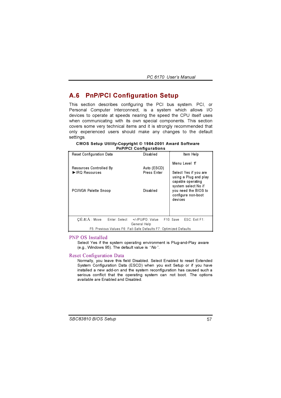 Acnodes PC 6170 manual PnP/PCI Configuration Setup, PNP OS Installed, Reset Configuration Data 