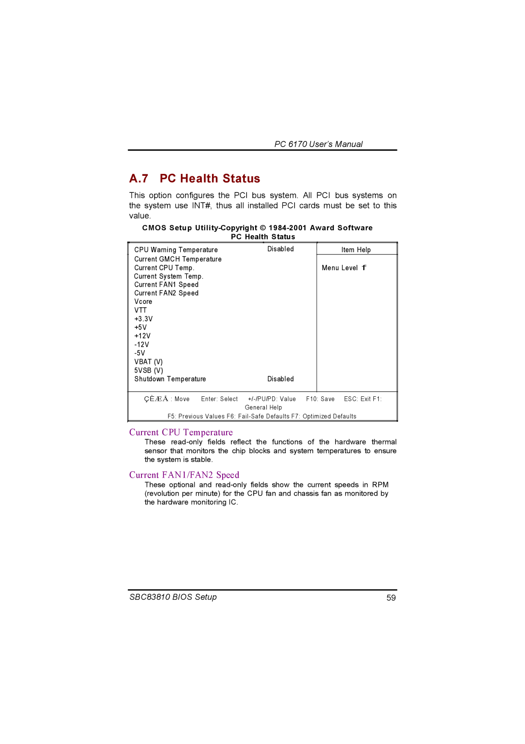 Acnodes PC 6170 manual PC Health Status, Current CPU Temperature, Current FAN1/FAN2 Speed 