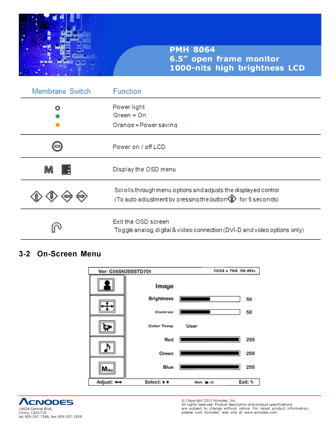 Acnodes PMH 8064 user manual On-Screen Menu 