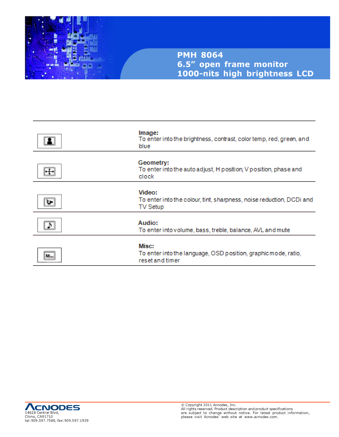 Acnodes PMH 8064 user manual PMH Open frame monitor Nits high brightness LCD 