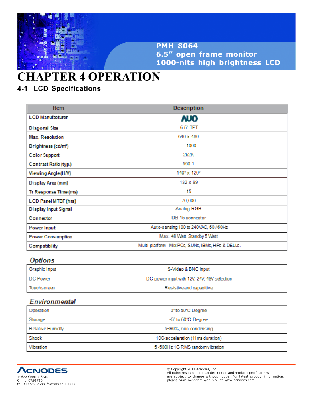 Acnodes PMH 8064 user manual Operation, LCD Specifications 