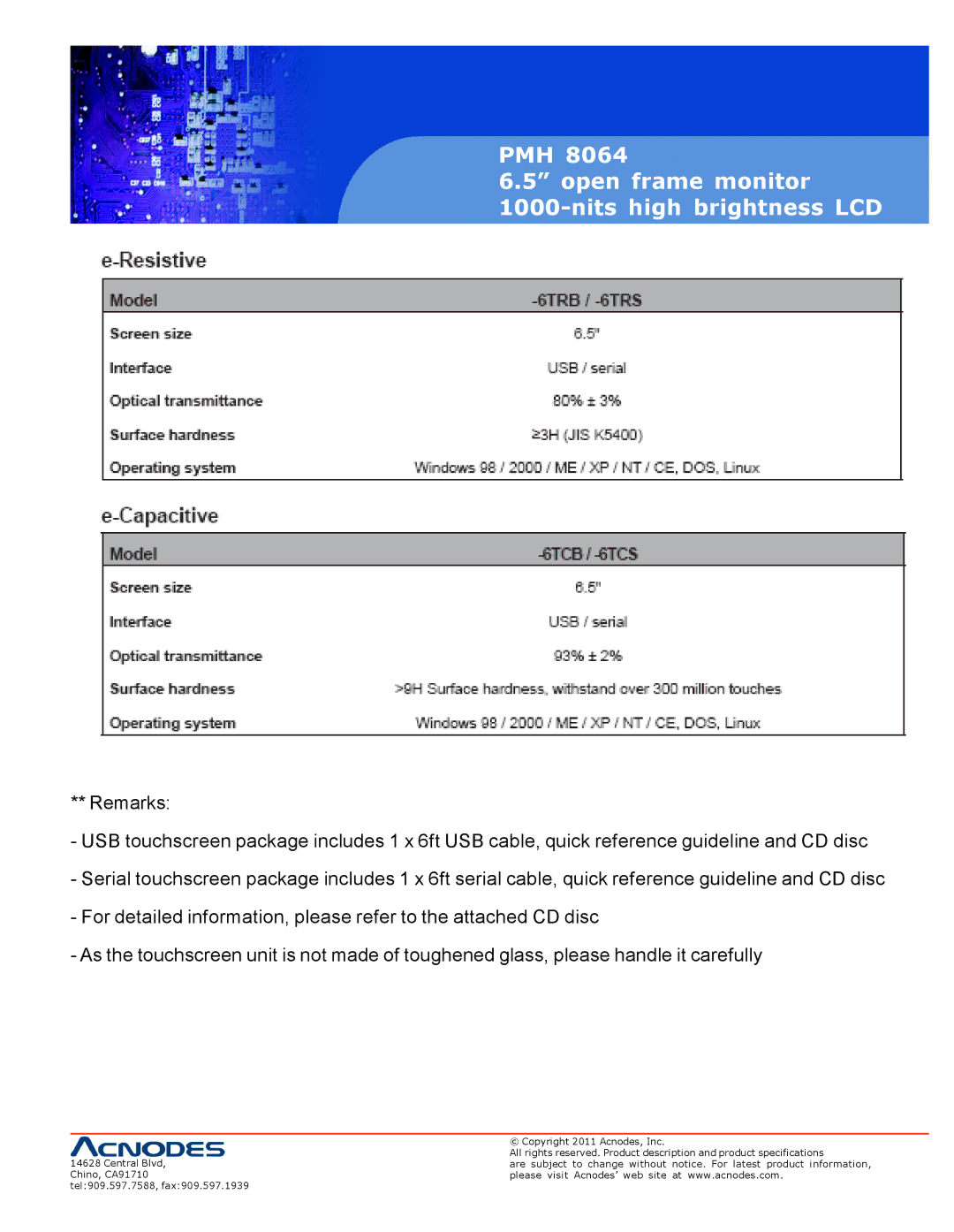 Acnodes PMH 8064 user manual PMH Open frame monitor Nits high brightness LCD 