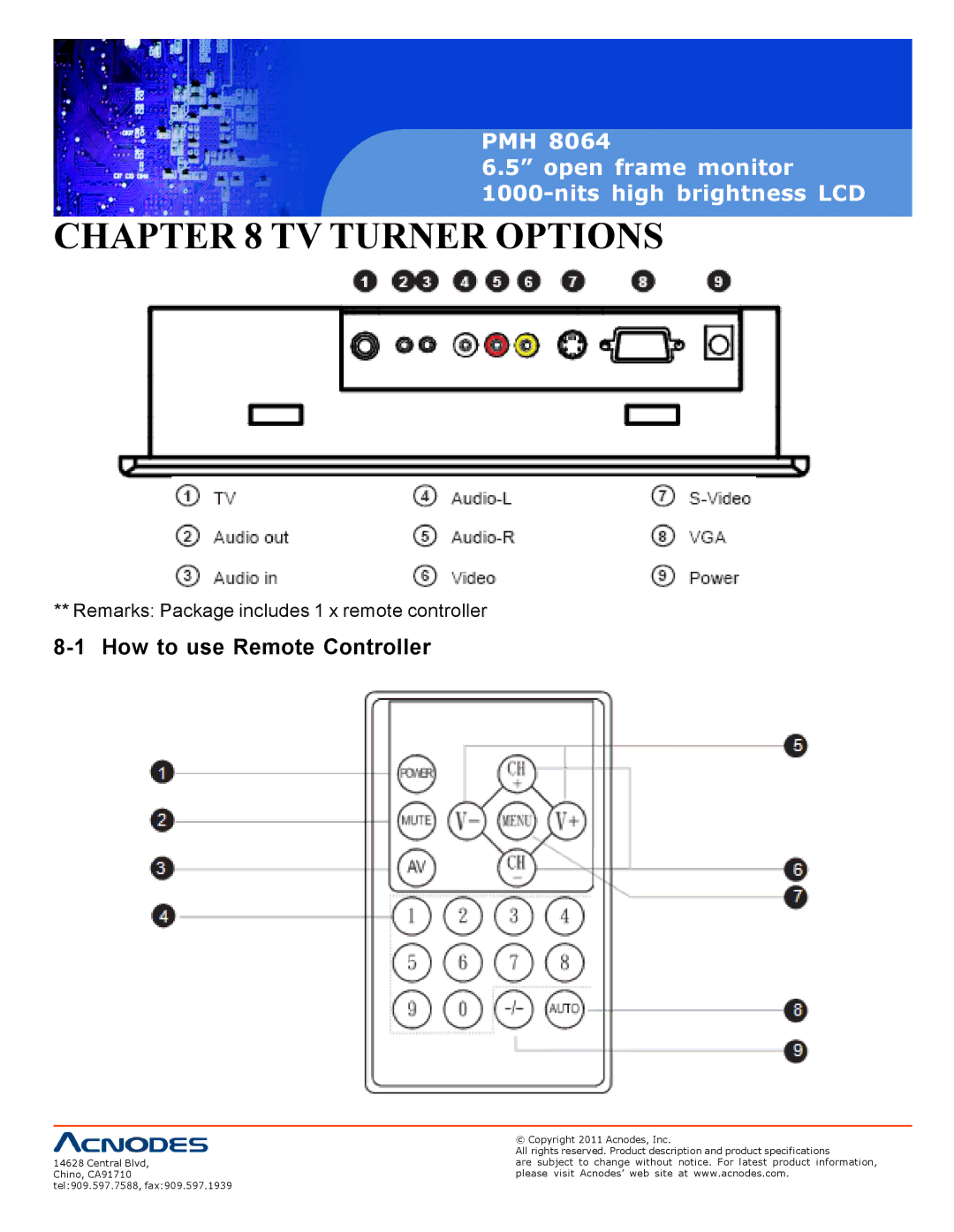 Acnodes PMH 8064 user manual TV Turner Options, How to use Remote Controller 