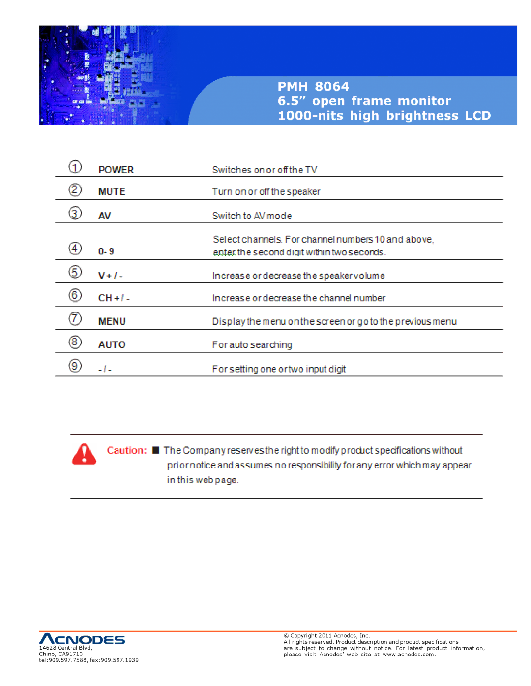 Acnodes PMH 8064 user manual PMH Open frame monitor Nits high brightness LCD 