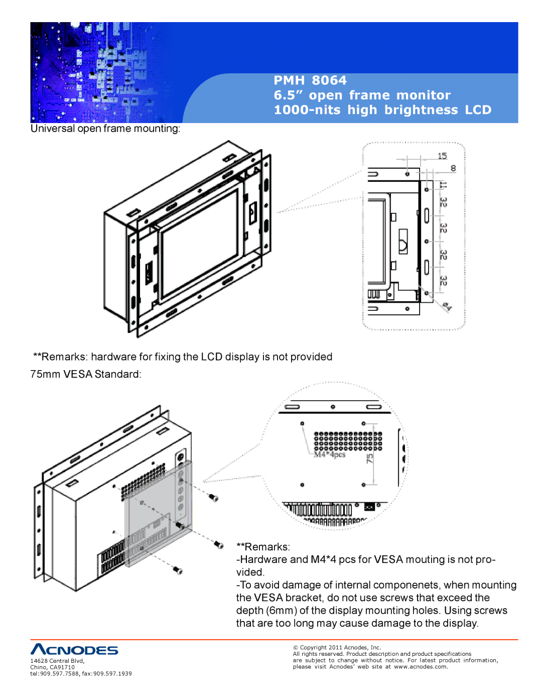 Acnodes PMH 8064 user manual PMH Open frame monitor Nits high brightness LCD 