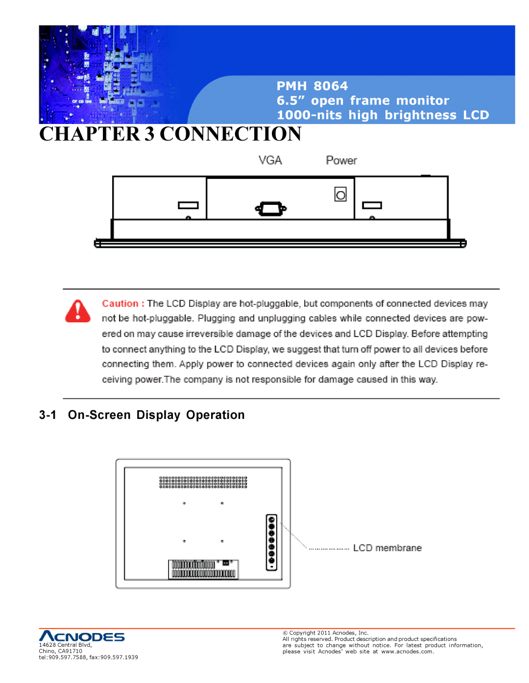 Acnodes PMH 8064 user manual Connection, On-Screen Display Operation 