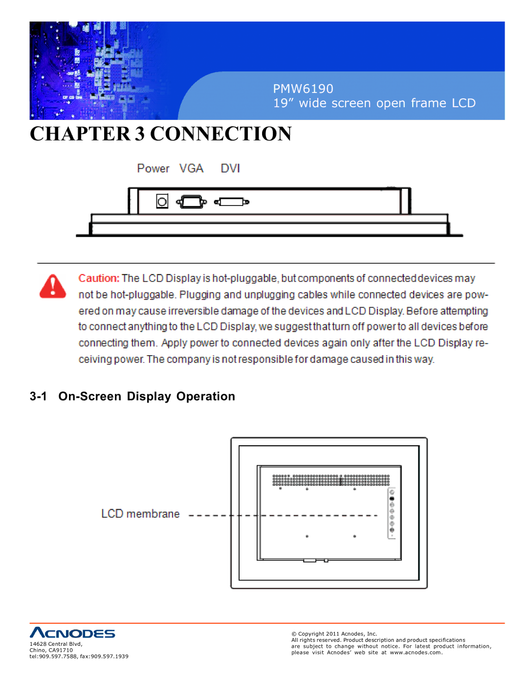 Acnodes PMW6190 user manual Connection, On-Screen Display Operation 