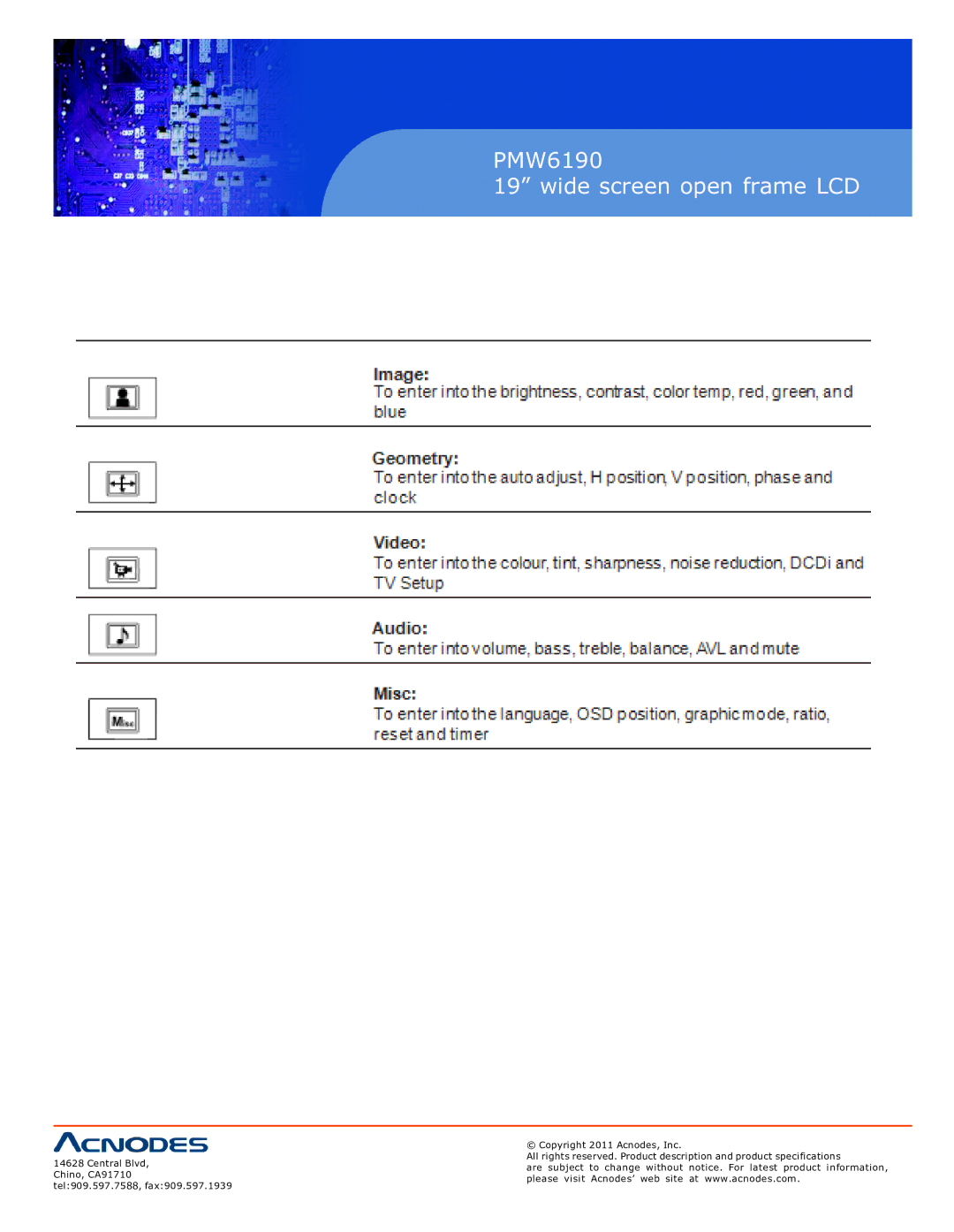 Acnodes user manual PMW6190 Wide screen open frame LCD 