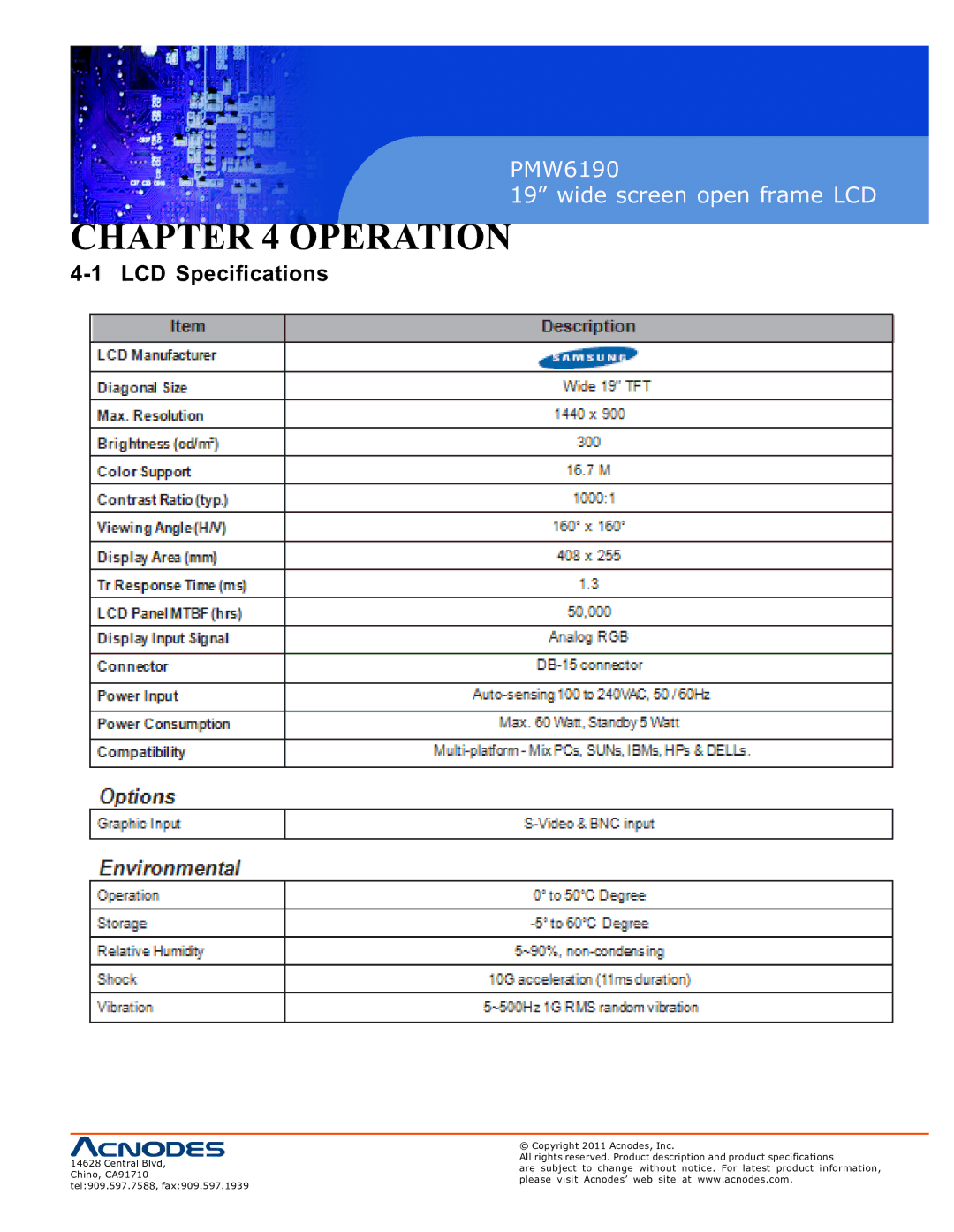 Acnodes PMW6190 user manual Operation, LCD Specifications 