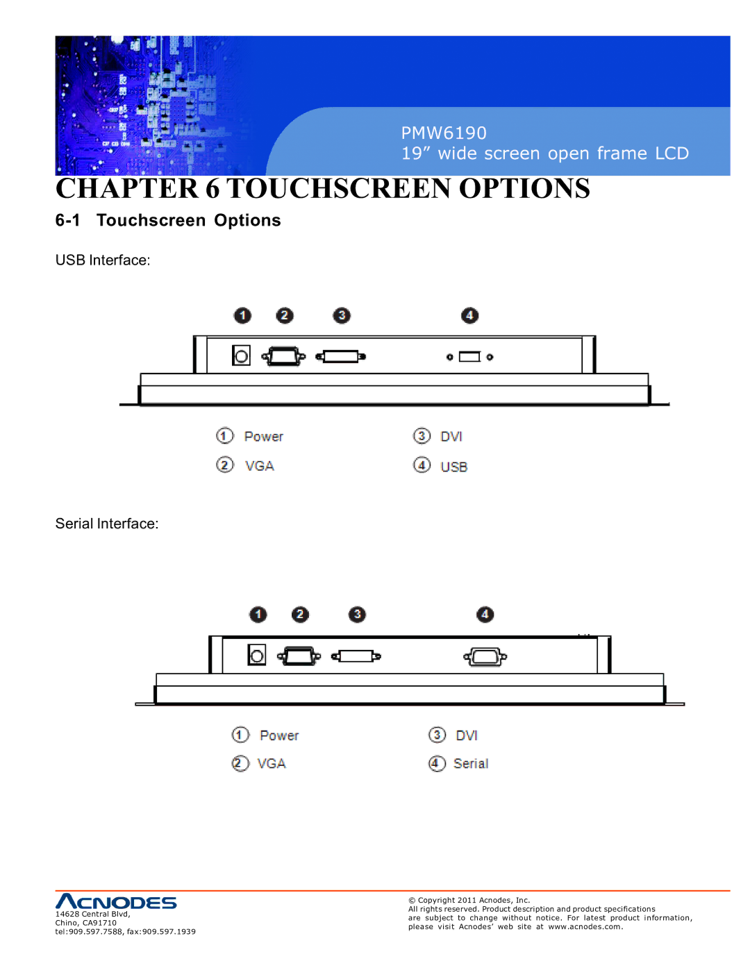 Acnodes PMW6190 user manual Touchscreen Options, USB Interface Serial Interface 