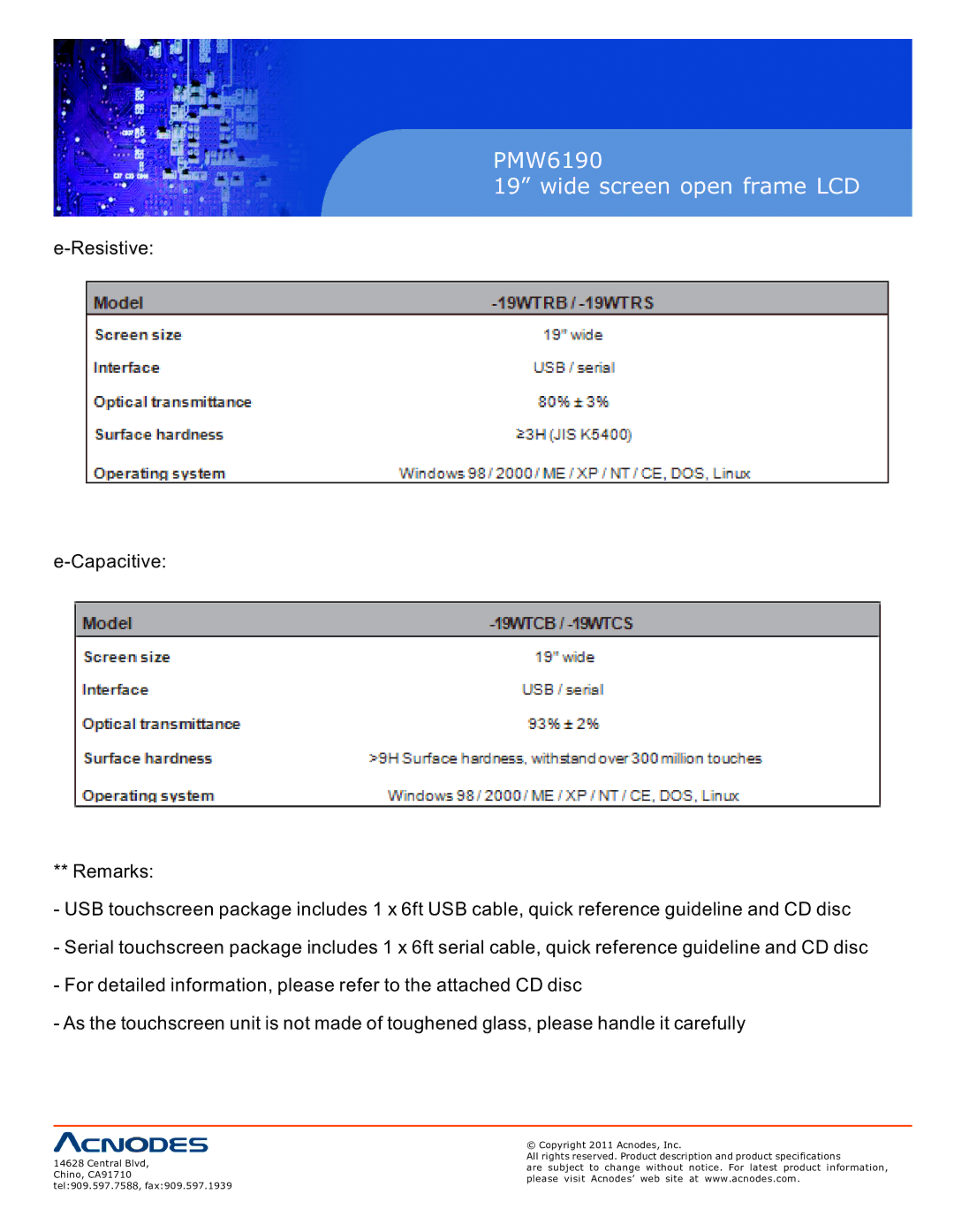 Acnodes user manual PMW6190 Wide screen open frame LCD 