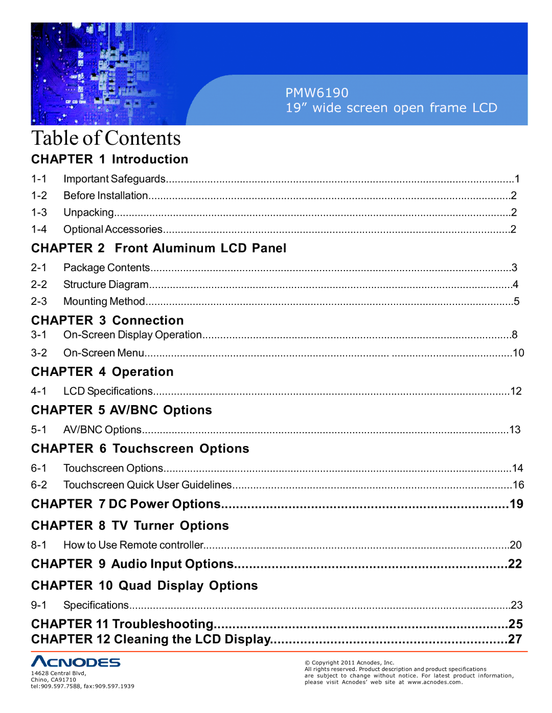 Acnodes PMW6190 user manual Table of Contents 