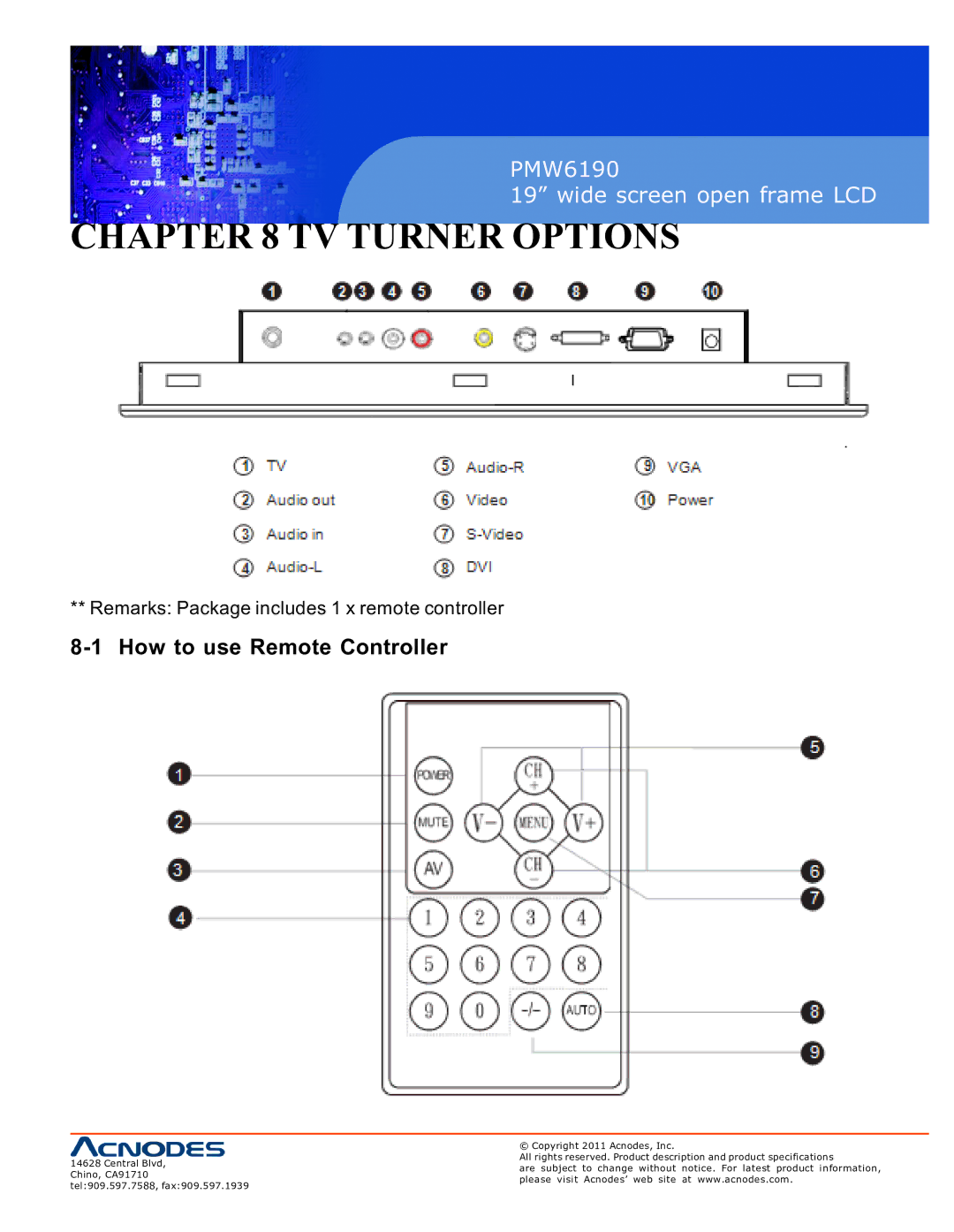 Acnodes PMW6190 user manual TV Turner Options, How to use Remote Controller 