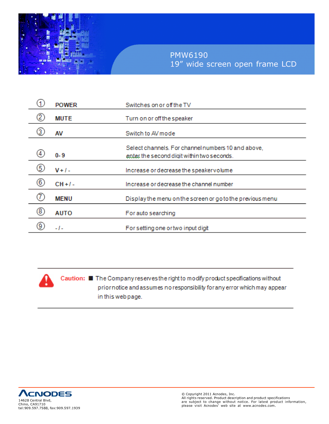 Acnodes user manual PMW6190 Wide screen open frame LCD 