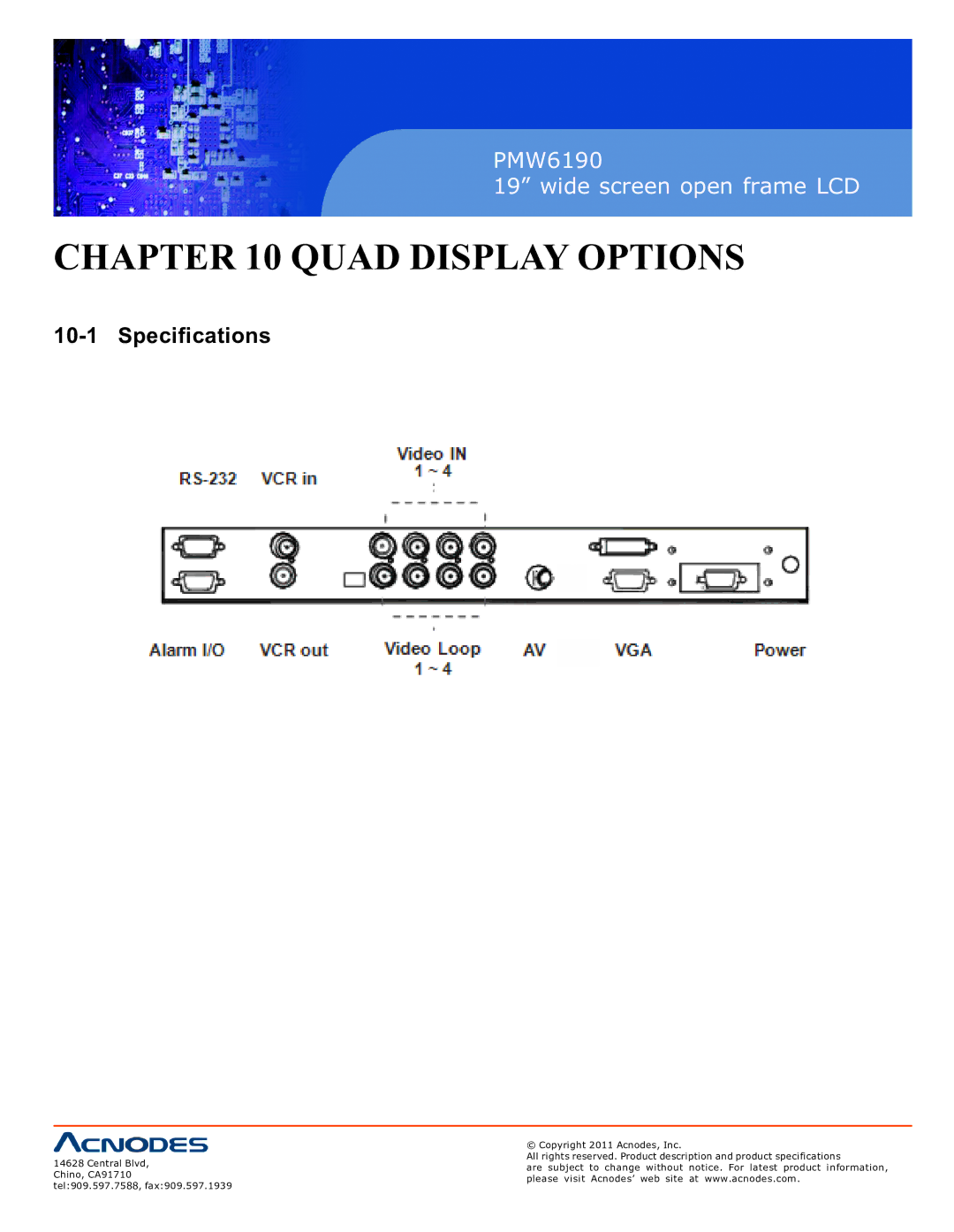 Acnodes PMW6190 user manual Quad Display Options, Specifications 