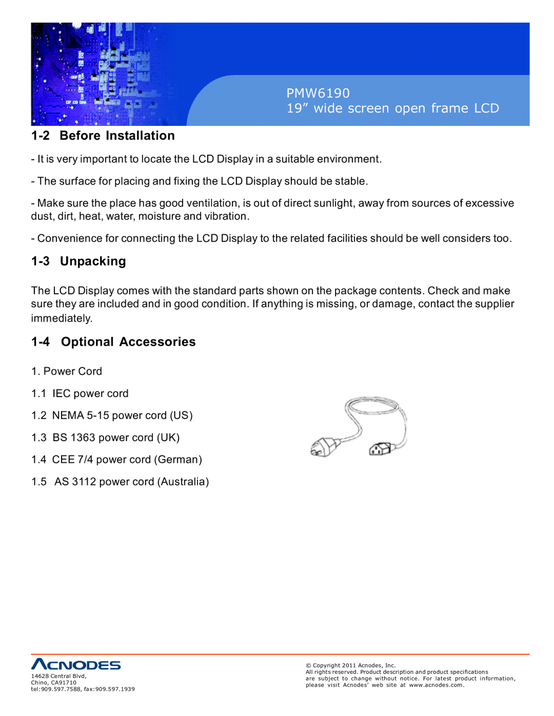 Acnodes PMW6190 user manual Before Installation, Unpacking, Optional Accessories 