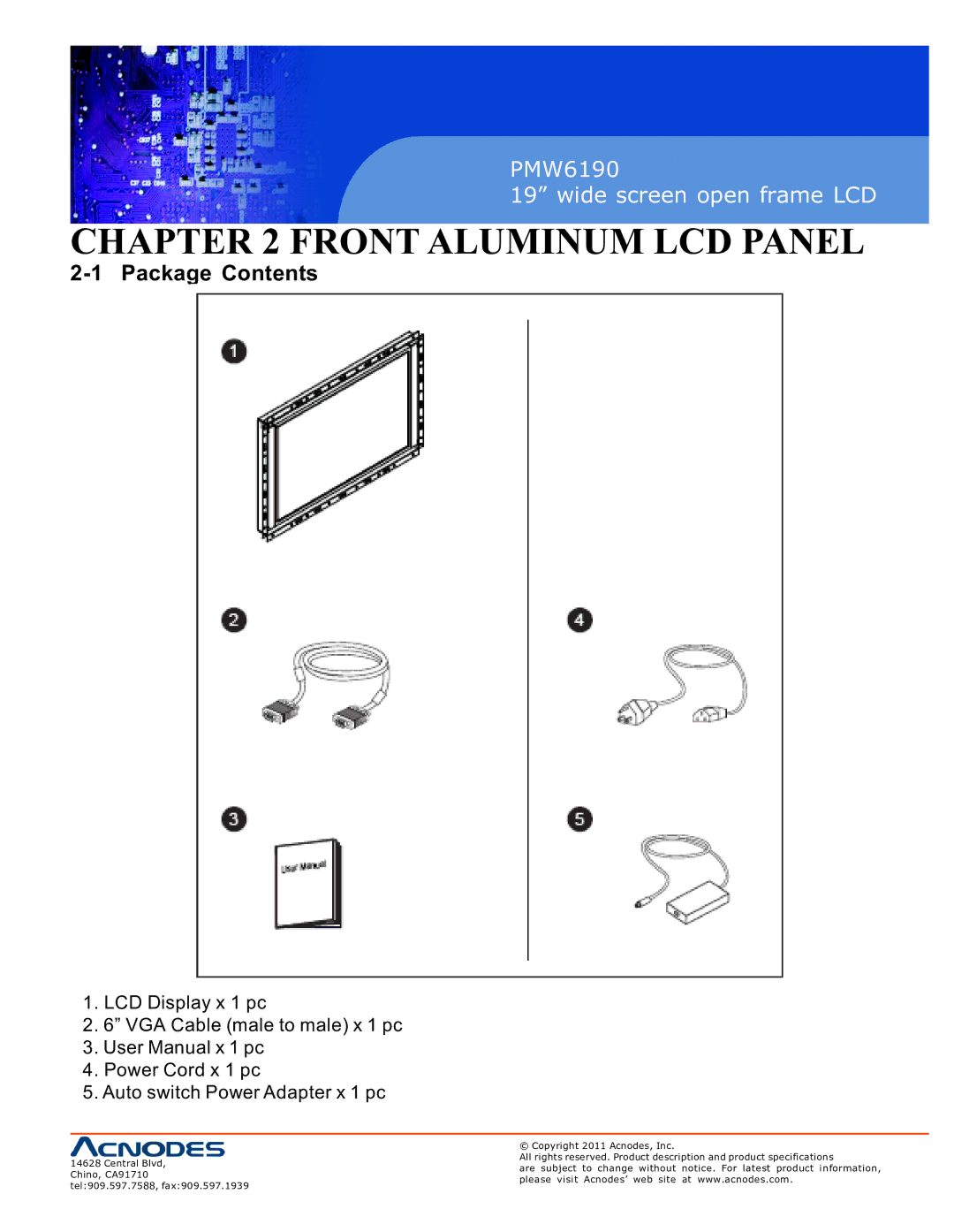 Acnodes PMW6190 user manual Front Aluminum LCD Panel, Package Contents 