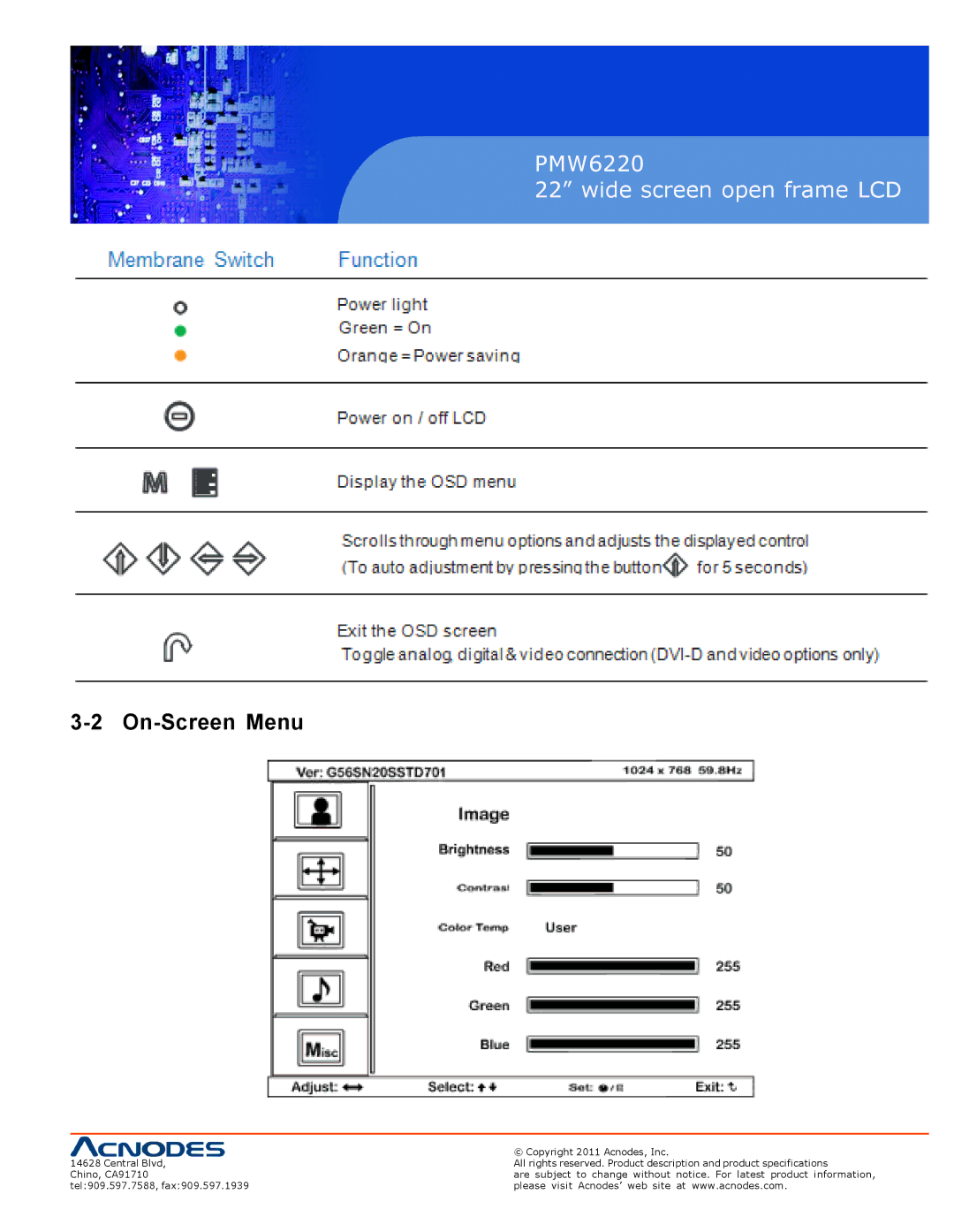 Acnodes PMW6220 user manual On-Screen Menu 