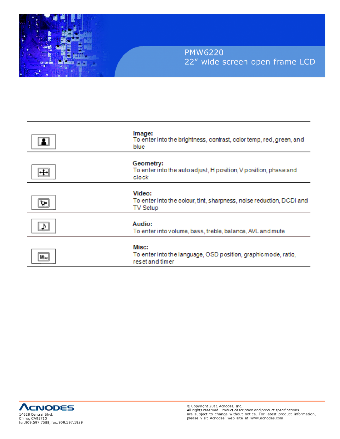 Acnodes user manual PMW6220 Wide screen open frame LCD 