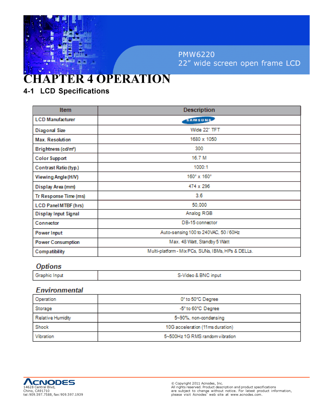 Acnodes PMW6220 user manual Operation, LCD Specifications 