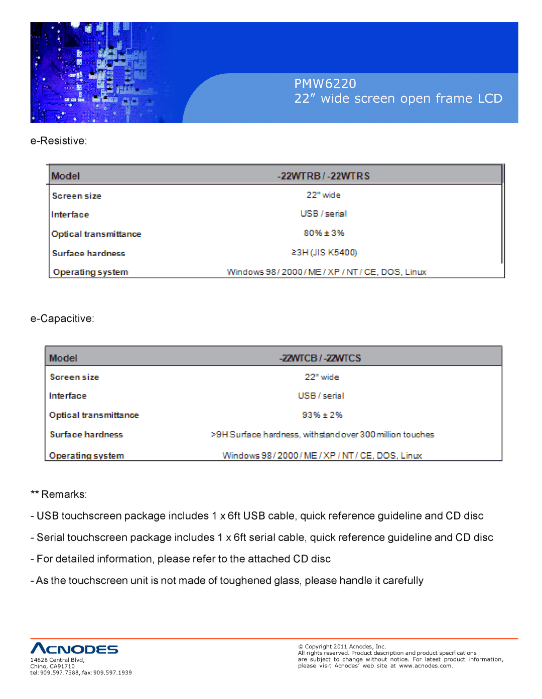 Acnodes user manual PMW6220 Wide screen open frame LCD 