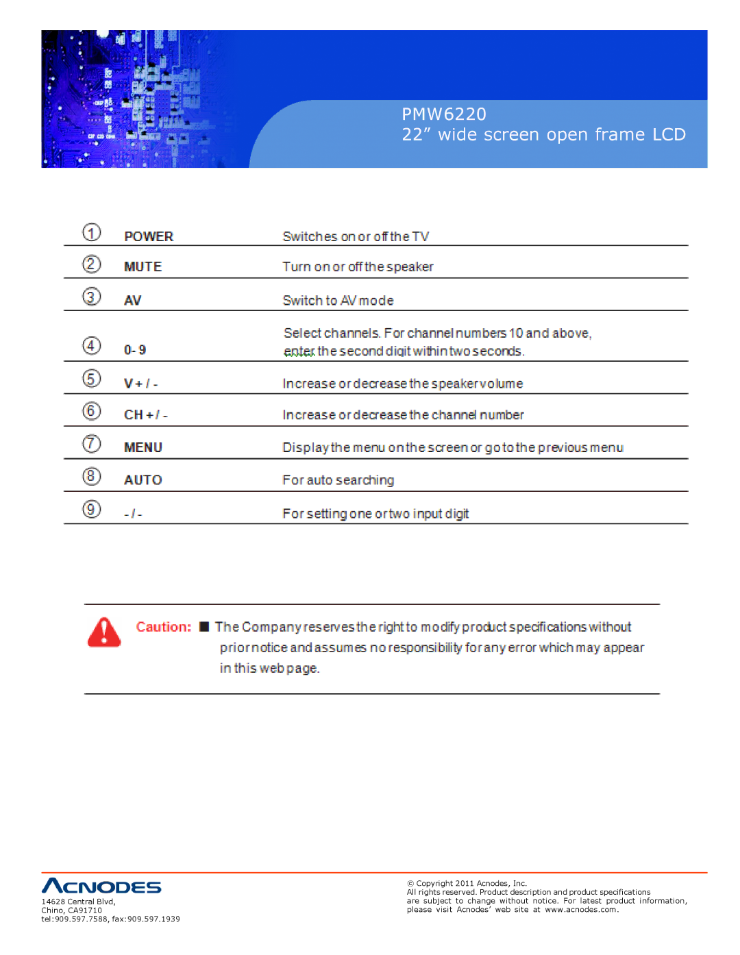 Acnodes user manual PMW6220 Wide screen open frame LCD 