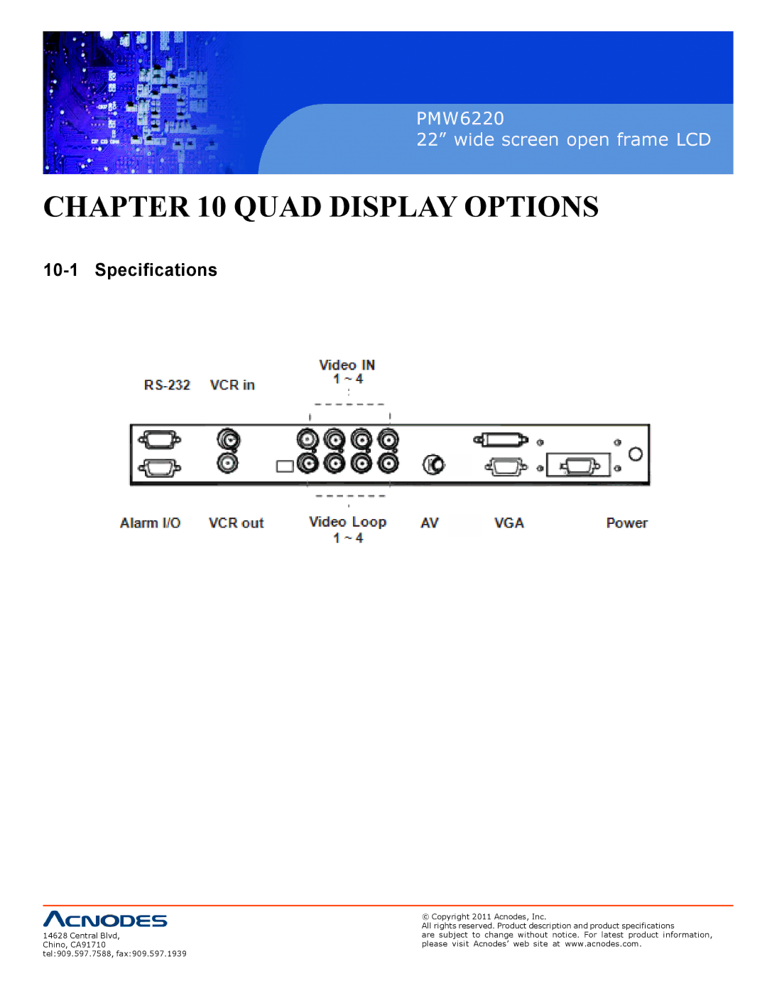 Acnodes PMW6220 user manual Quad Display Options, Specifications 