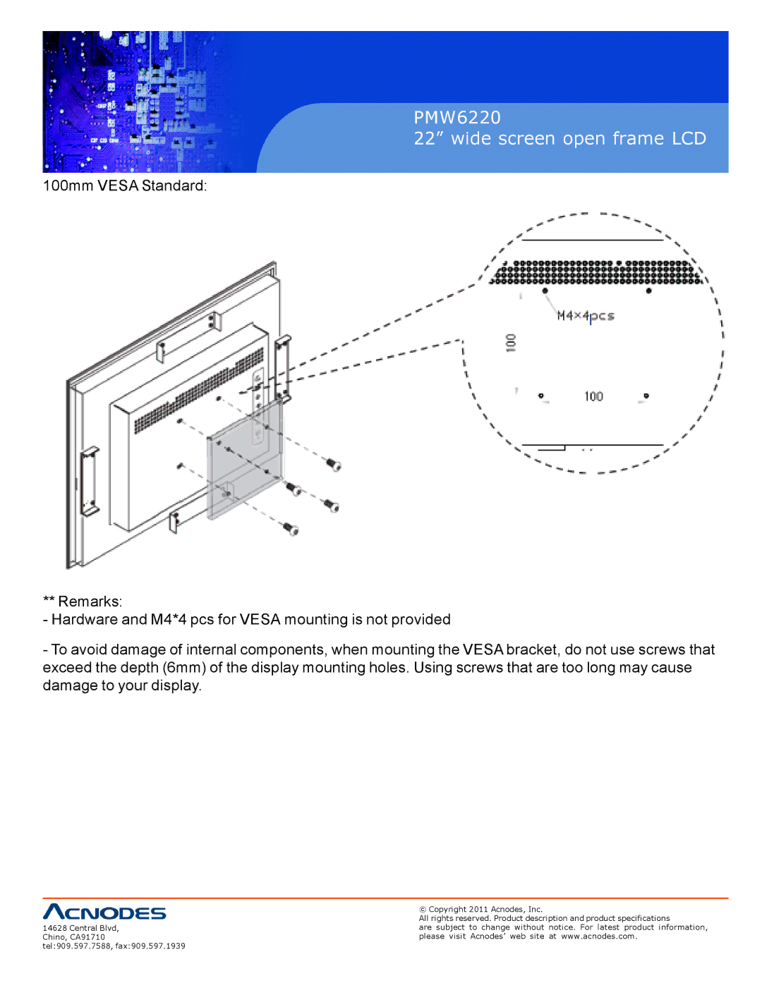 Acnodes user manual PMW6220 Wide screen open frame LCD 