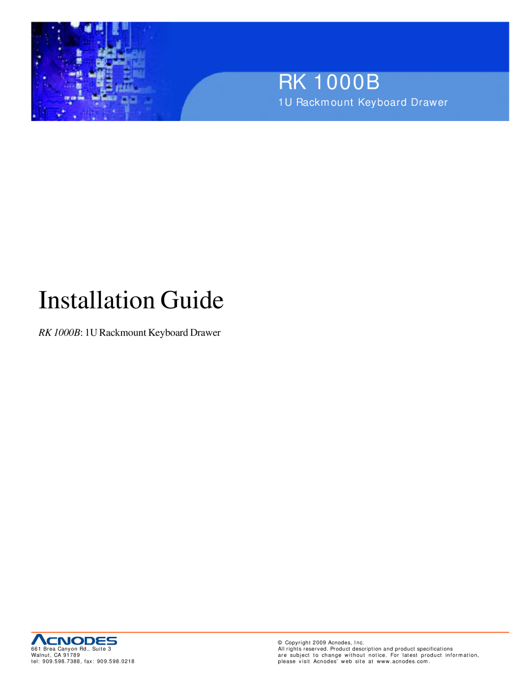 Acnodes specifications Installation Guide, RK 1000B 1U Rackmount Keyboard Drawer 