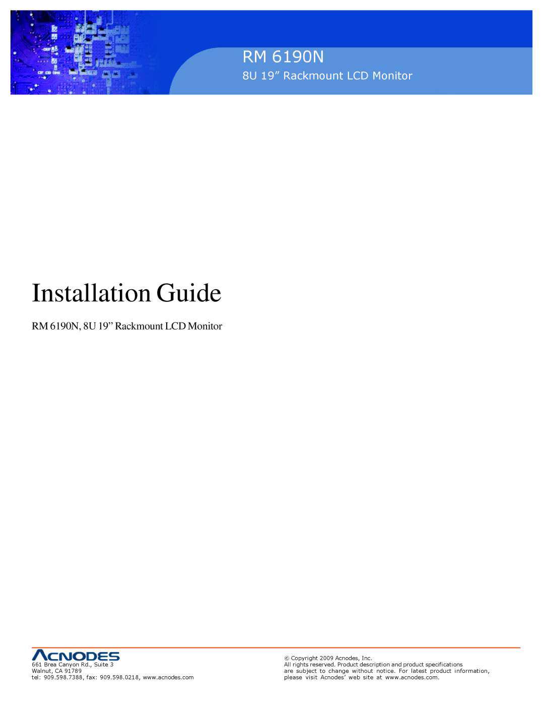 Acnodes specifications Installation Guide, RM 6190N, 8U 19 Rackmount LCD Monitor 