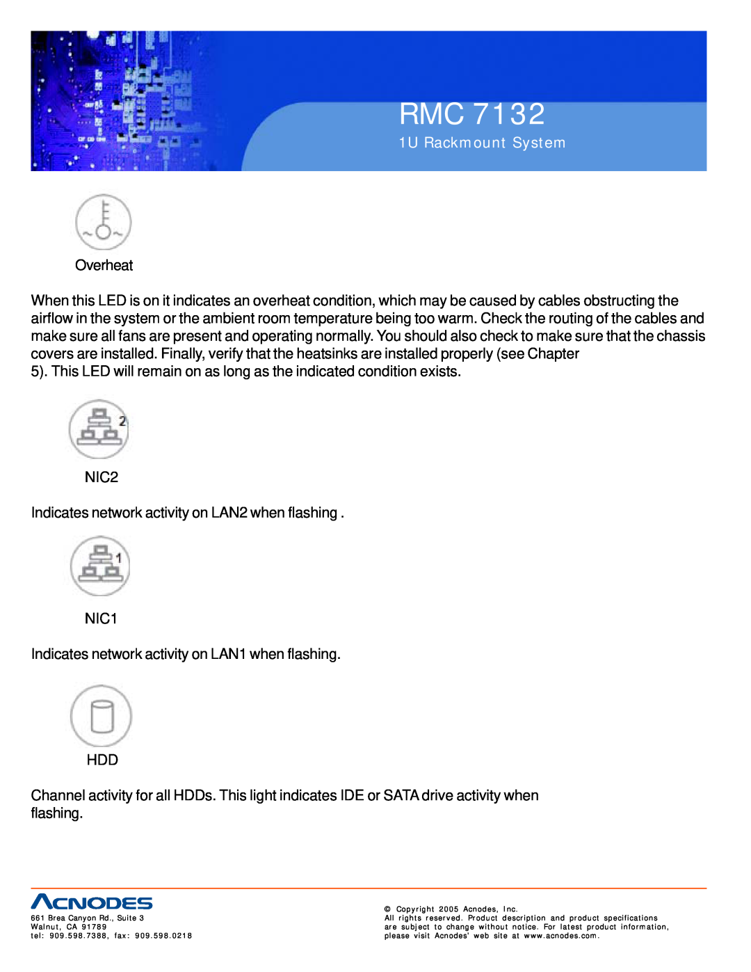 Acnodes RMC 7132 user manual 1U Rackmount System, Overheat 