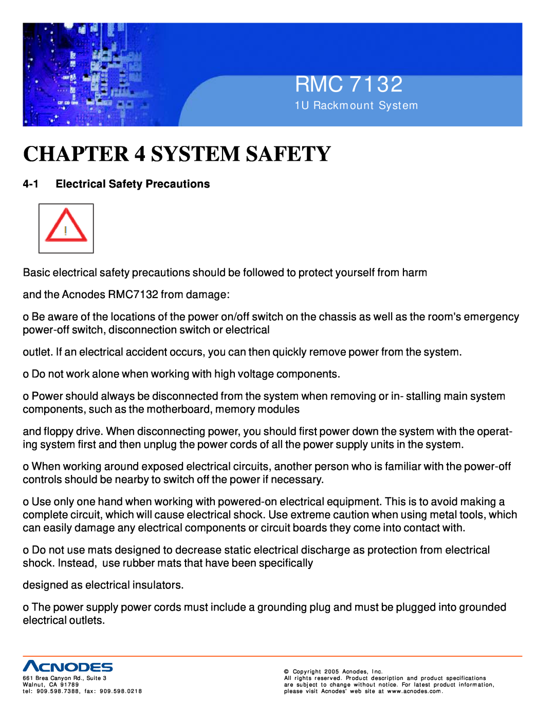 Acnodes RMC 7132 user manual System Safety, Electrical Safety Precautions, 1U Rackmount System 