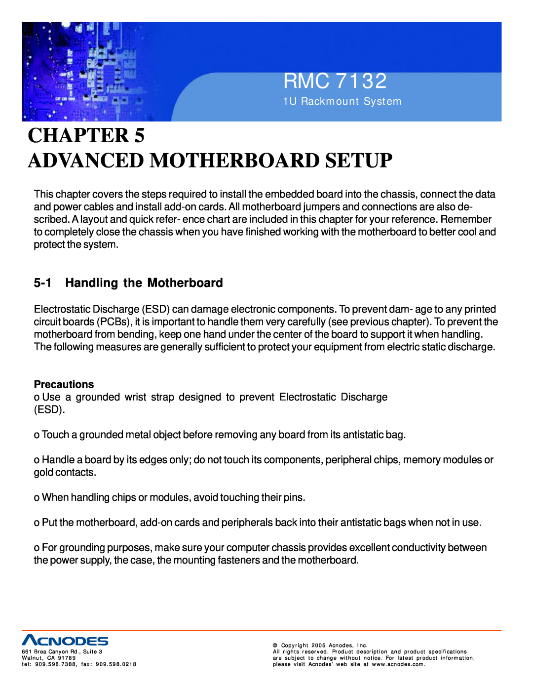 Acnodes RMC 7132 user manual Chapter Advanced Motherboard Setup, Handling the Motherboard, Precautions, 1U Rackmount System 