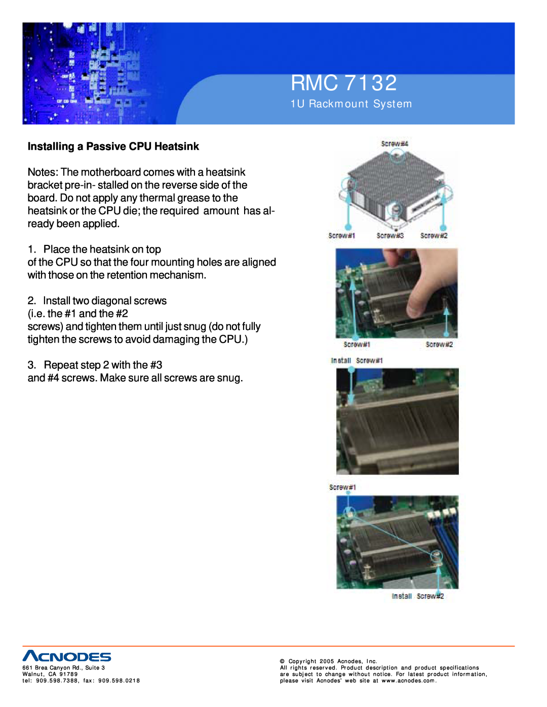Acnodes RMC 7132 user manual Installing a Passive CPU Heatsink, 1U Rackmount System 