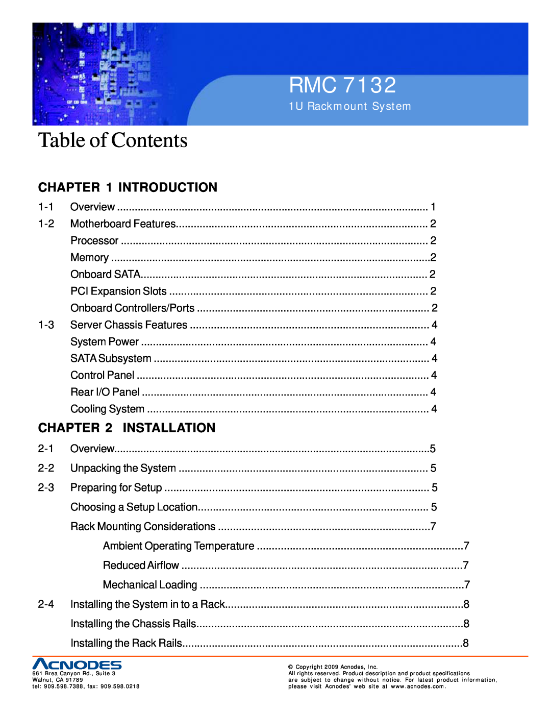 Acnodes RMC 7132 user manual Introduction, Installation, Table of Contents, 1U Rackmount System, Server Chassis Features 