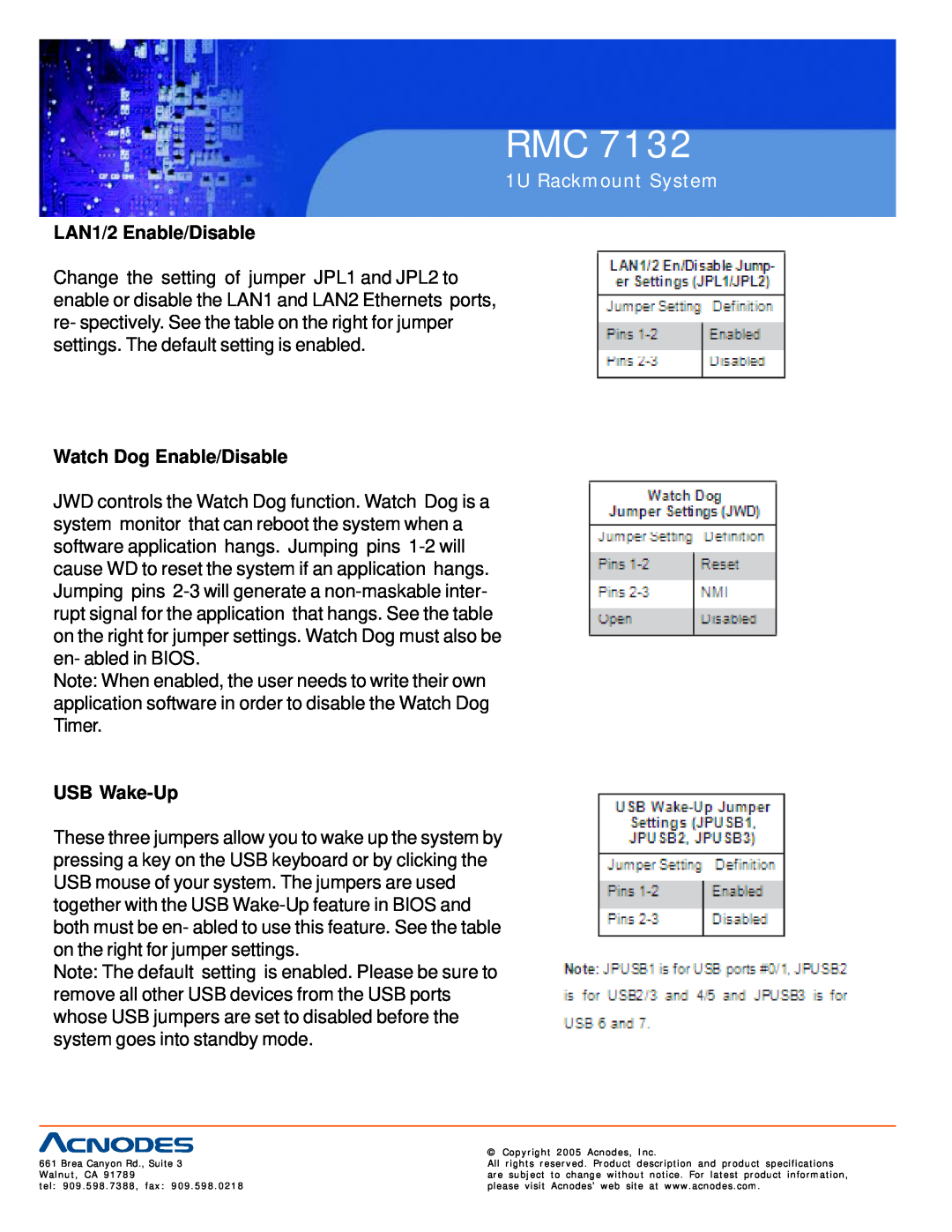 Acnodes RMC 7132 user manual LAN1/2 Enable/Disable, Watch Dog Enable/Disable, USB Wake-Up, 1U Rackmount System 