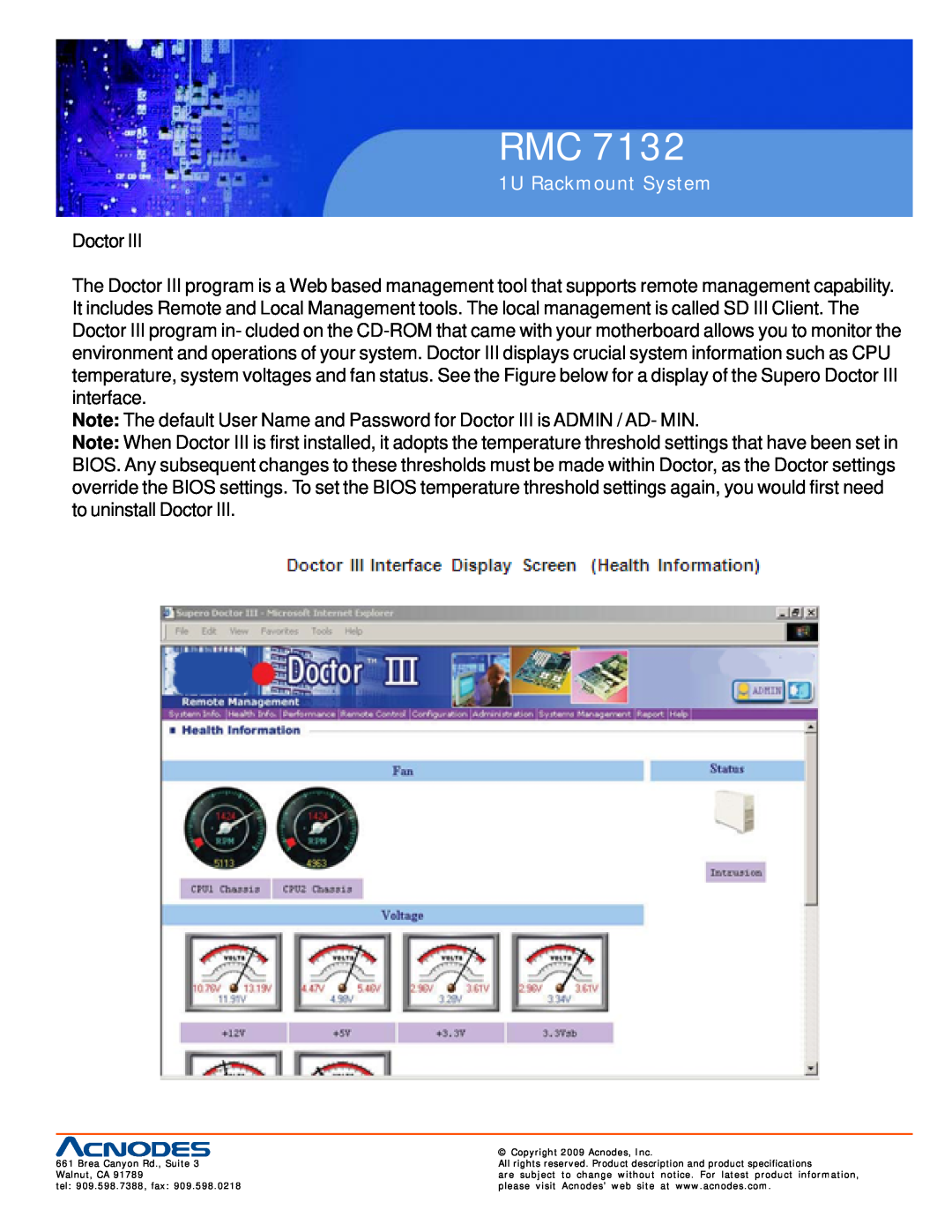 Acnodes RMC 7132 user manual 1U Rackmount System, Doctor 
