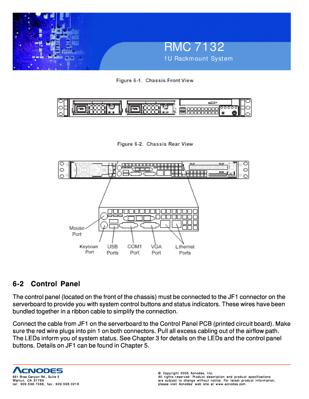 Acnodes RMC 7132 user manual Control Panel, 1U Rackmount System 