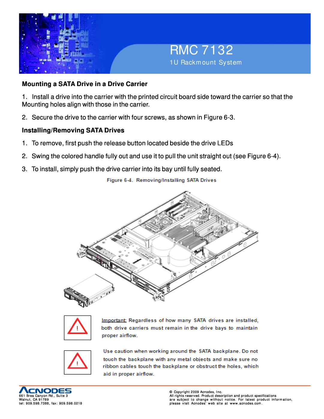 Acnodes RMC 7132 user manual Mounting a SATA Drive in a Drive Carrier, Installing/Removing SATA Drives, 1U Rackmount System 
