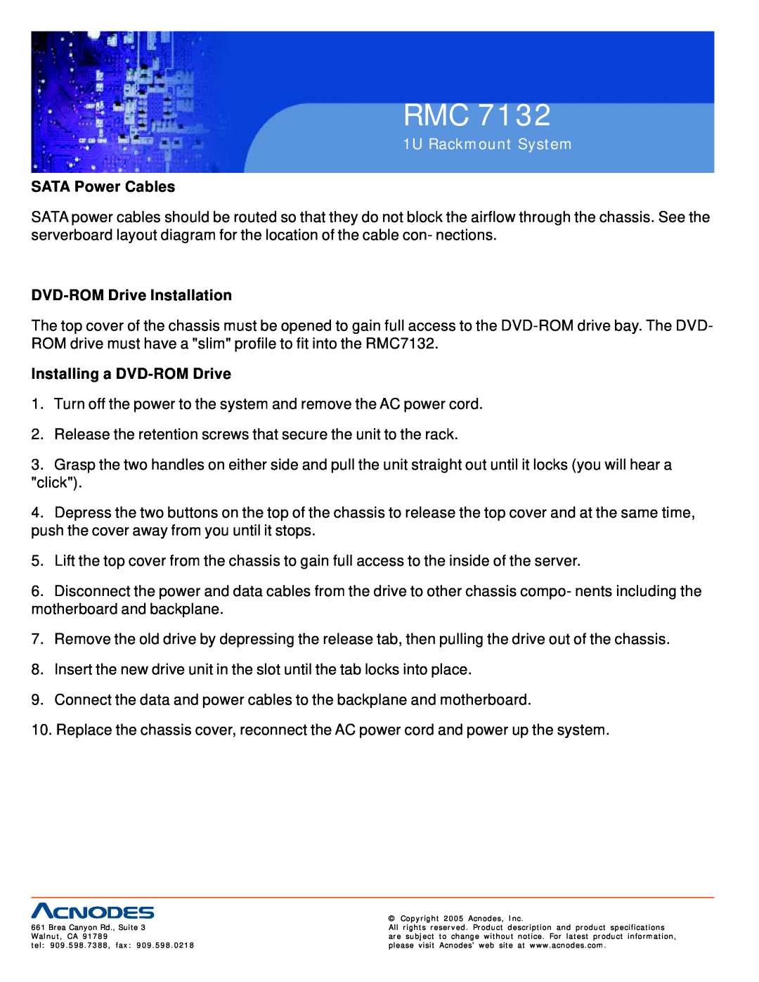 Acnodes RMC 7132 user manual SATA Power Cables, DVD-ROM Drive Installation, Installing a DVD-ROM Drive, 1U Rackmount System 