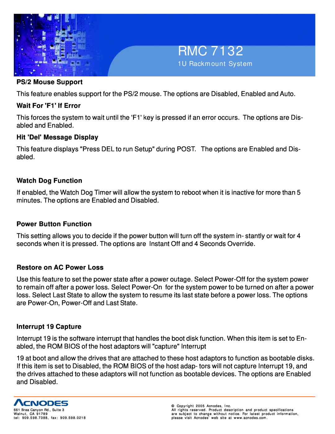Acnodes RMC 7132 user manual PS/2 Mouse Support, Wait For F1 If Error, Hit Del Message Display, Watch Dog Function 