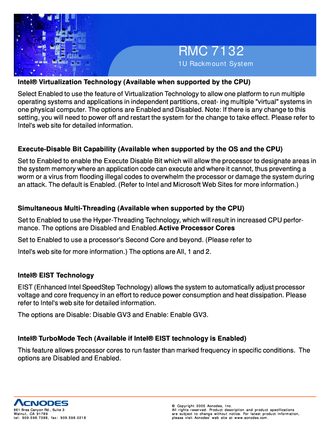 Acnodes RMC 7132 user manual Intel Virtualization Technology Available when supported by the CPU, Intel EIST Technology 