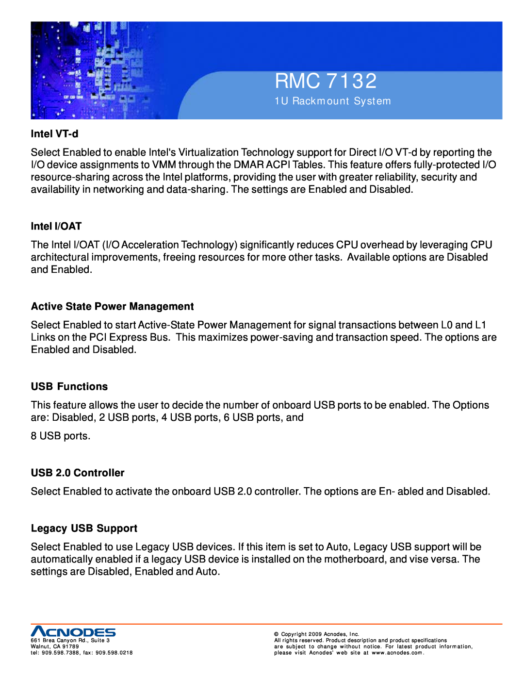 Acnodes RMC 7132 user manual Intel VT-d, Intel I/OAT, Active State Power Management, USB Functions, USB 2.0 Controller 