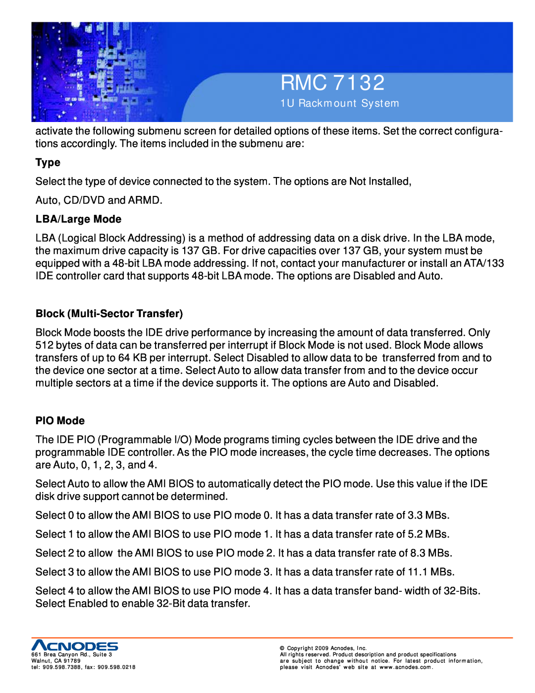 Acnodes RMC 7132 user manual Type, LBA/Large Mode, Block Multi-Sector Transfer, PIO Mode, 1U Rackmount System 