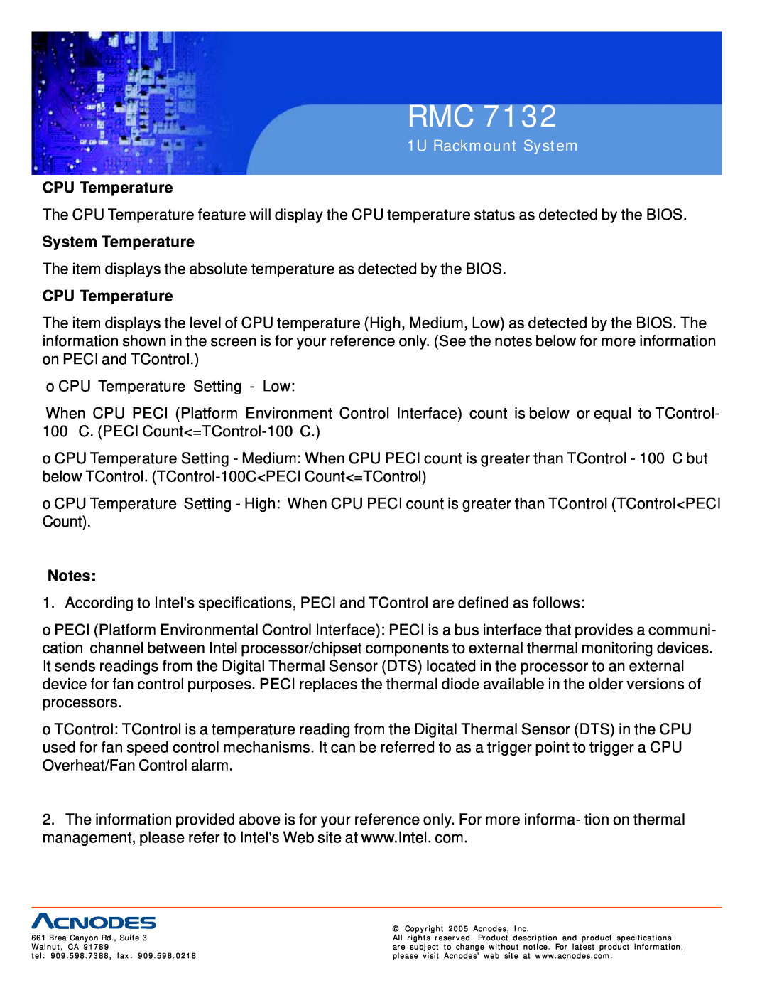 Acnodes RMC 7132 user manual CPU Temperature, System Temperature, 1U Rackmount System 