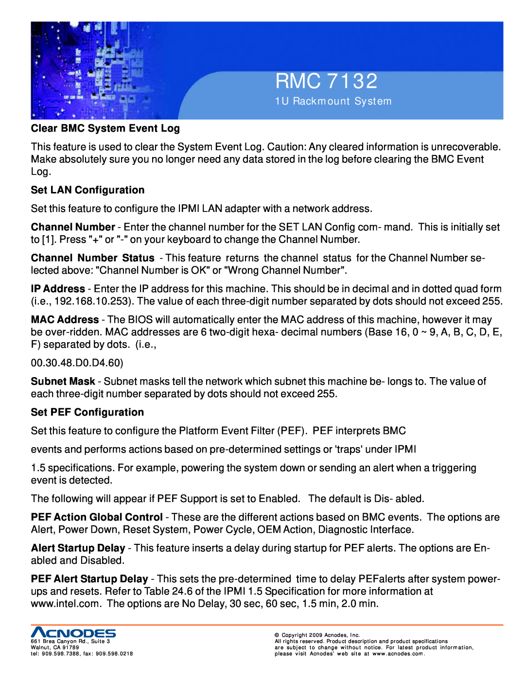 Acnodes RMC 7132 user manual Clear BMC System Event Log, Set LAN Configuration, Set PEF Configuration, 1U Rackmount System 