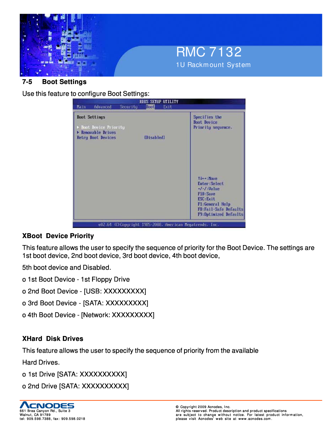 Acnodes RMC 7132 user manual Boot Settings, XBoot Device Priority, XHard Disk Drives, 1U Rackmount System 