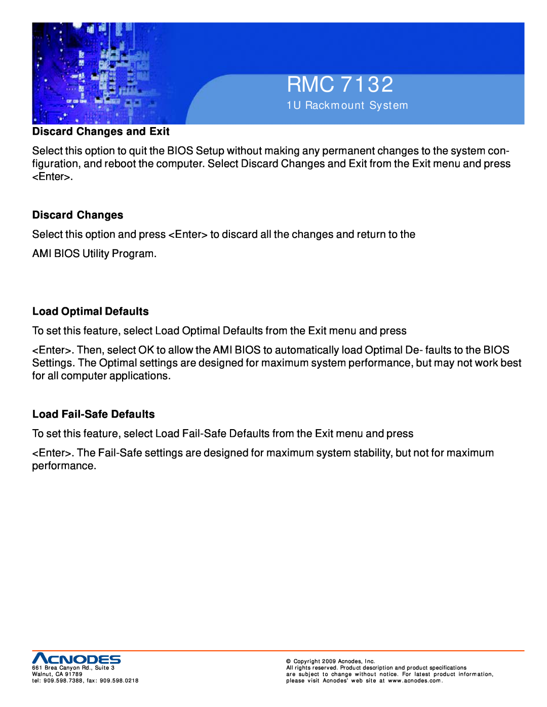 Acnodes RMC 7132 user manual Discard Changes and Exit, Load Optimal Defaults, Load Fail-Safe Defaults, 1U Rackmount System 