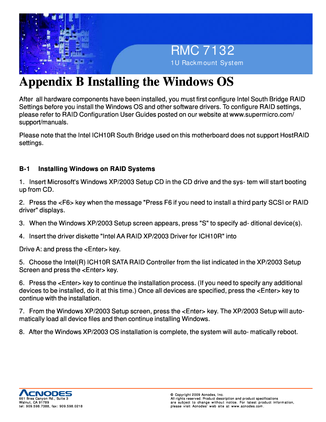 Acnodes RMC 7132 Appendix B Installing the Windows OS, B-1 Installing Windows on RAID Systems, 1U Rackmount System 